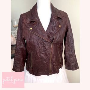 SIZE LARGE | FOSSIL Brown Distressed Leather 3/4 Sleeve Moto Jacket